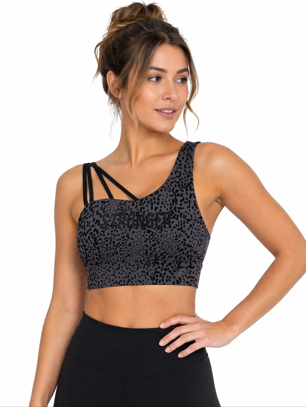 Stronger One Shoulder Sports Bra Leopard Print Black Grey XS Workout Top